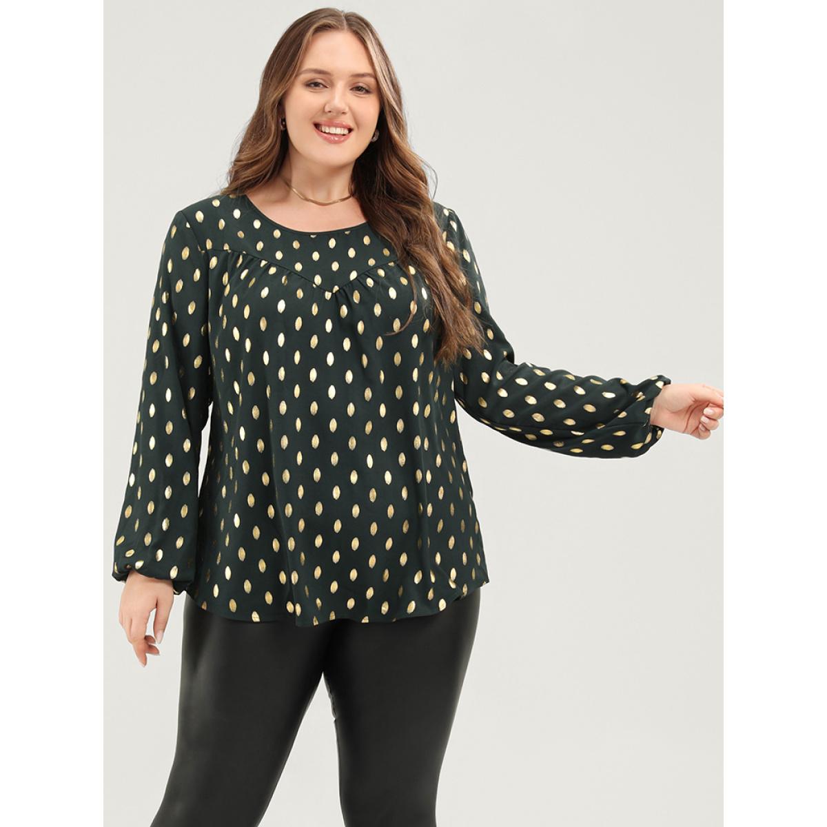 Plus Size DarkGreen Polka Dot Round Neck Lantern Sleeve Blouse Women Party Long Sleeve Round Neck Going out Blouses BloomChic 18-20/2X Product Image