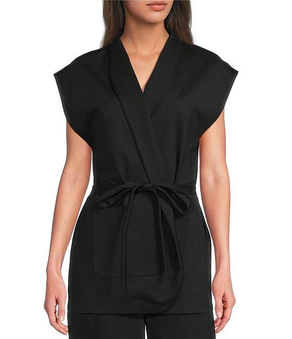Eileen Fisher Double Knit Ponte High Neck Cap Sleeve Tie Waist Vest Product Image