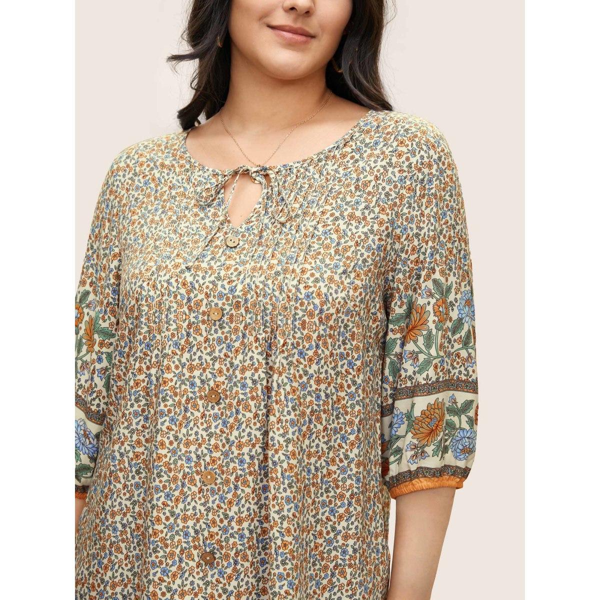 Plus Size Beige Boho Print Pleated Button Detail Tie Neck Blouse Women Resort Elbow-length sleeve Notched collar Vacation Blouses BloomChic 14-16/1X Product Image