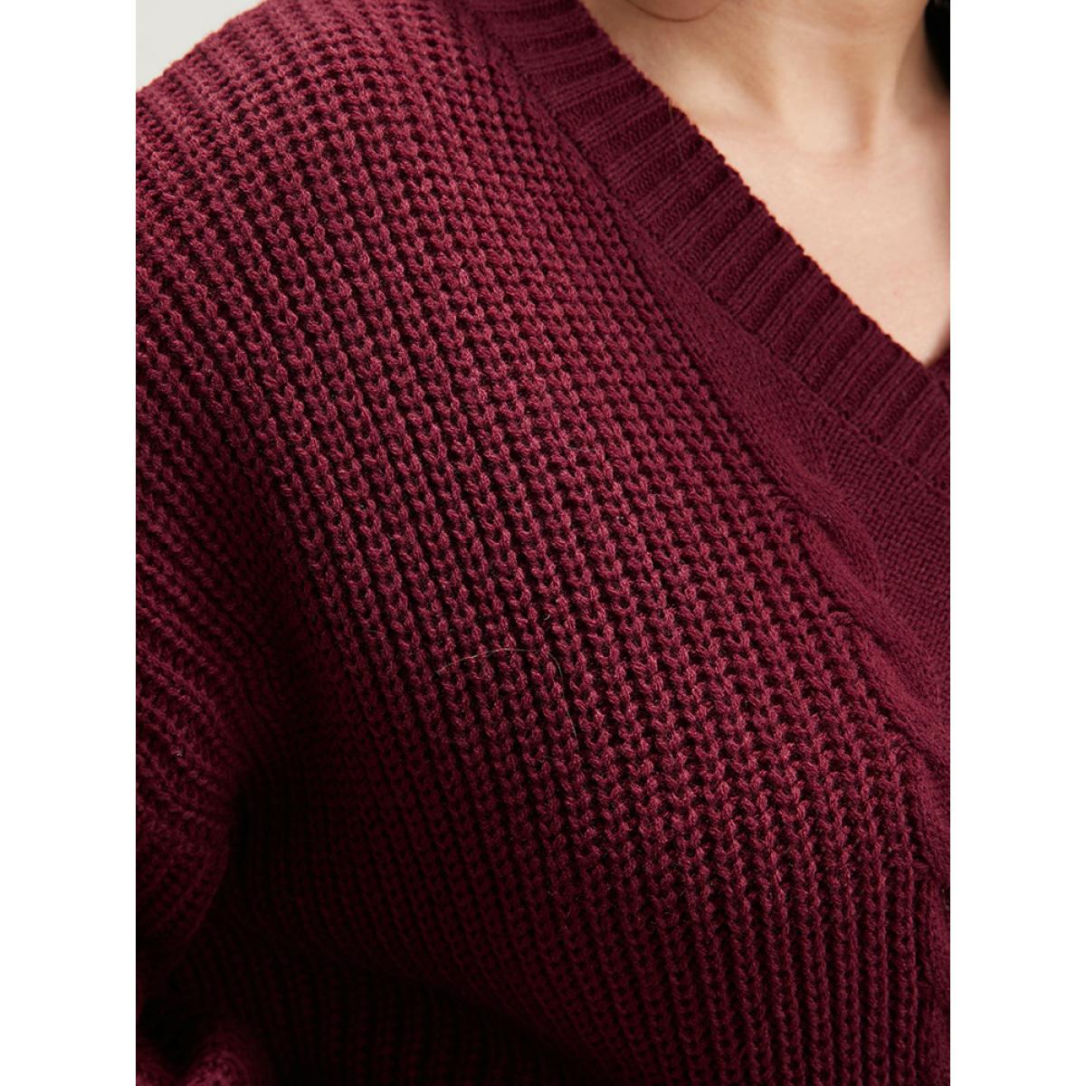 Plus Size Solid Pointelle Knit V Neck Loose Geometric Cable Knit Top Rust Women Elegant Loose Long Sleeve Dailywear Pullovers BloomChic 10/M Product Image