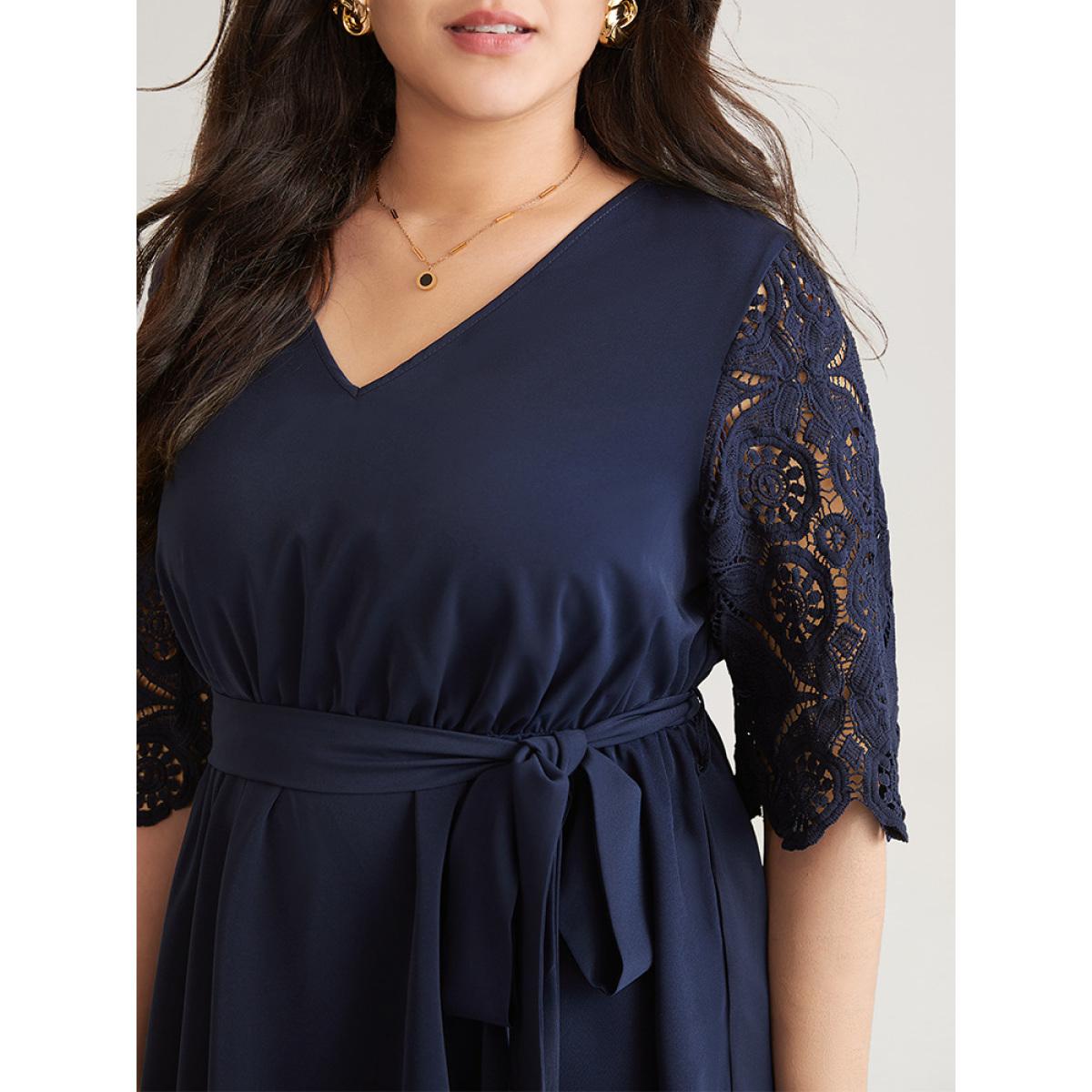 Plus Size Indigo Lace Patchwork Belted Hanky Hem Blouse Women Elegant Half Sleeve V-neck Work Blouses BloomChic 14-16/1X Product Image