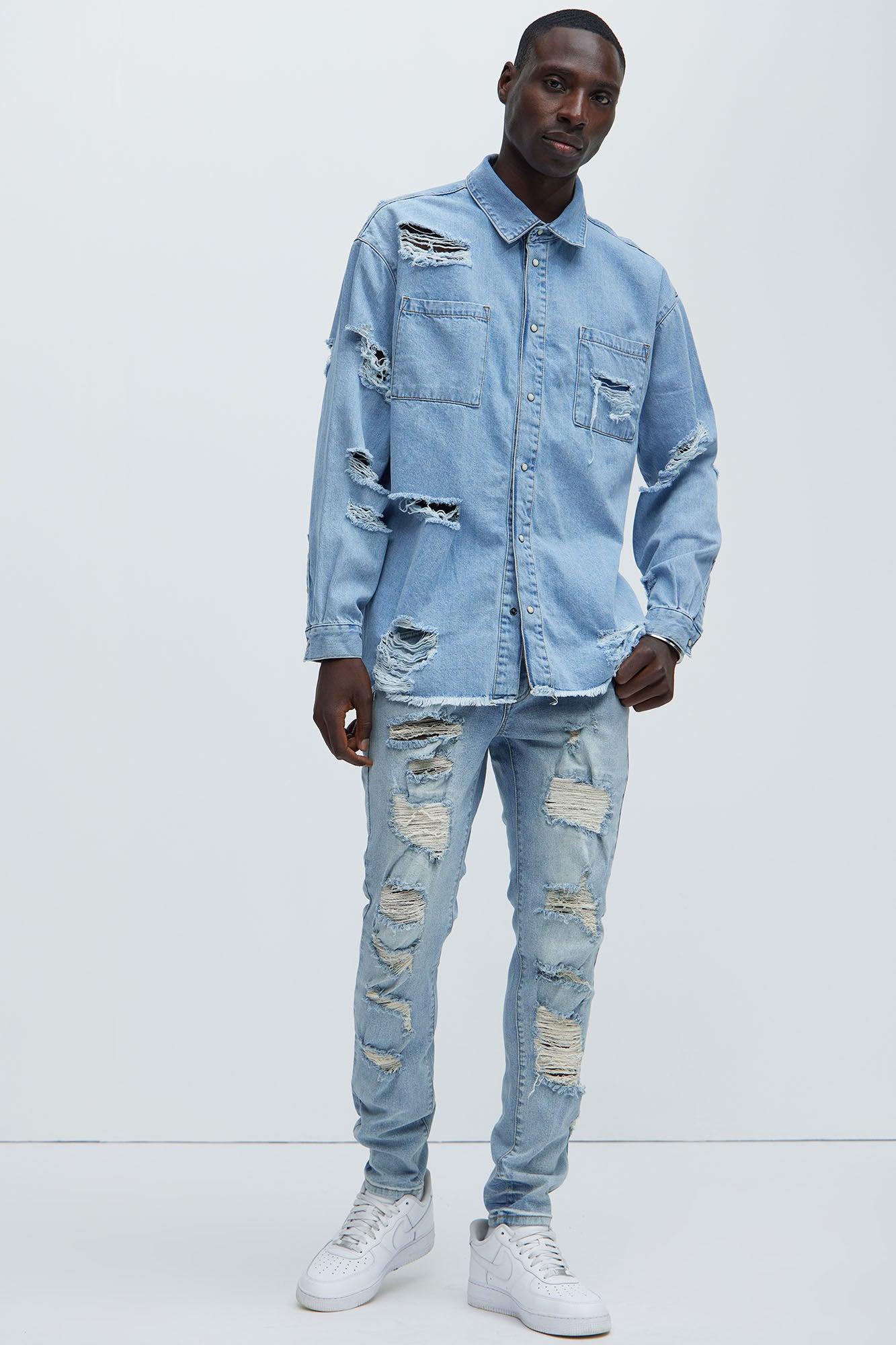 Essential Distressed Denim Woven Top - Light Wash Product Image