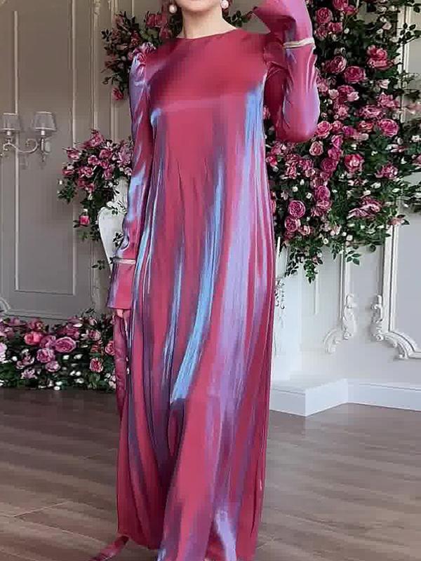 A-Line Long Sleeves Pleated Solid Color Tied Waist Zipper Round-Neck Maxi Dresses Product Image