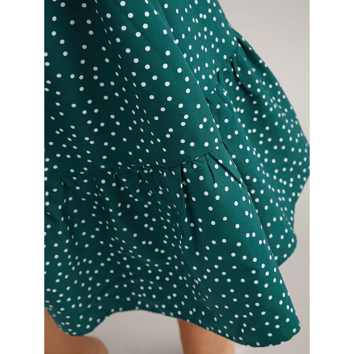 Plus Size Polka Dot Mock Neck Shirred Dress DarkGreen Women Elegant Printed Mock Neck Long Sleeve Curvy Midi Dress BloomChic 26/4X Product Image