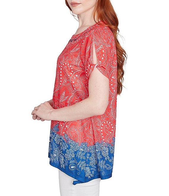 Ruby Rd. Soft Jersey Embellished Printed Scoop Neck Short Cut-Out Sleeve Top Product Image