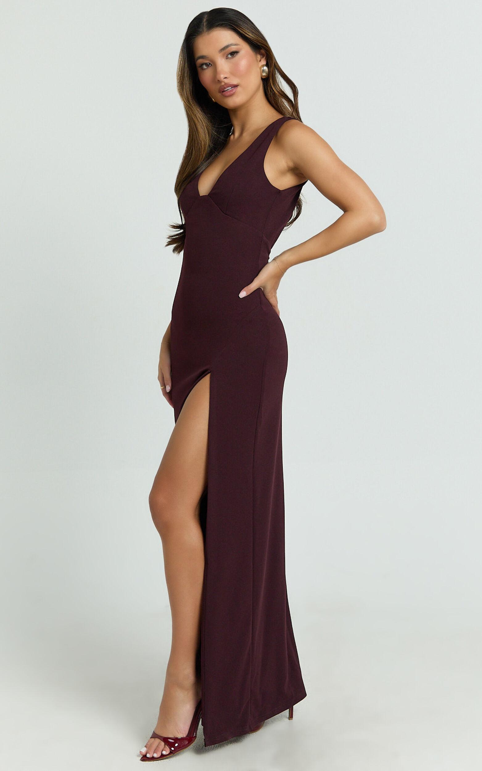 Raya Maxi Dress - Deep V Neck Low Back Bodycon Dress in Wine Product Image