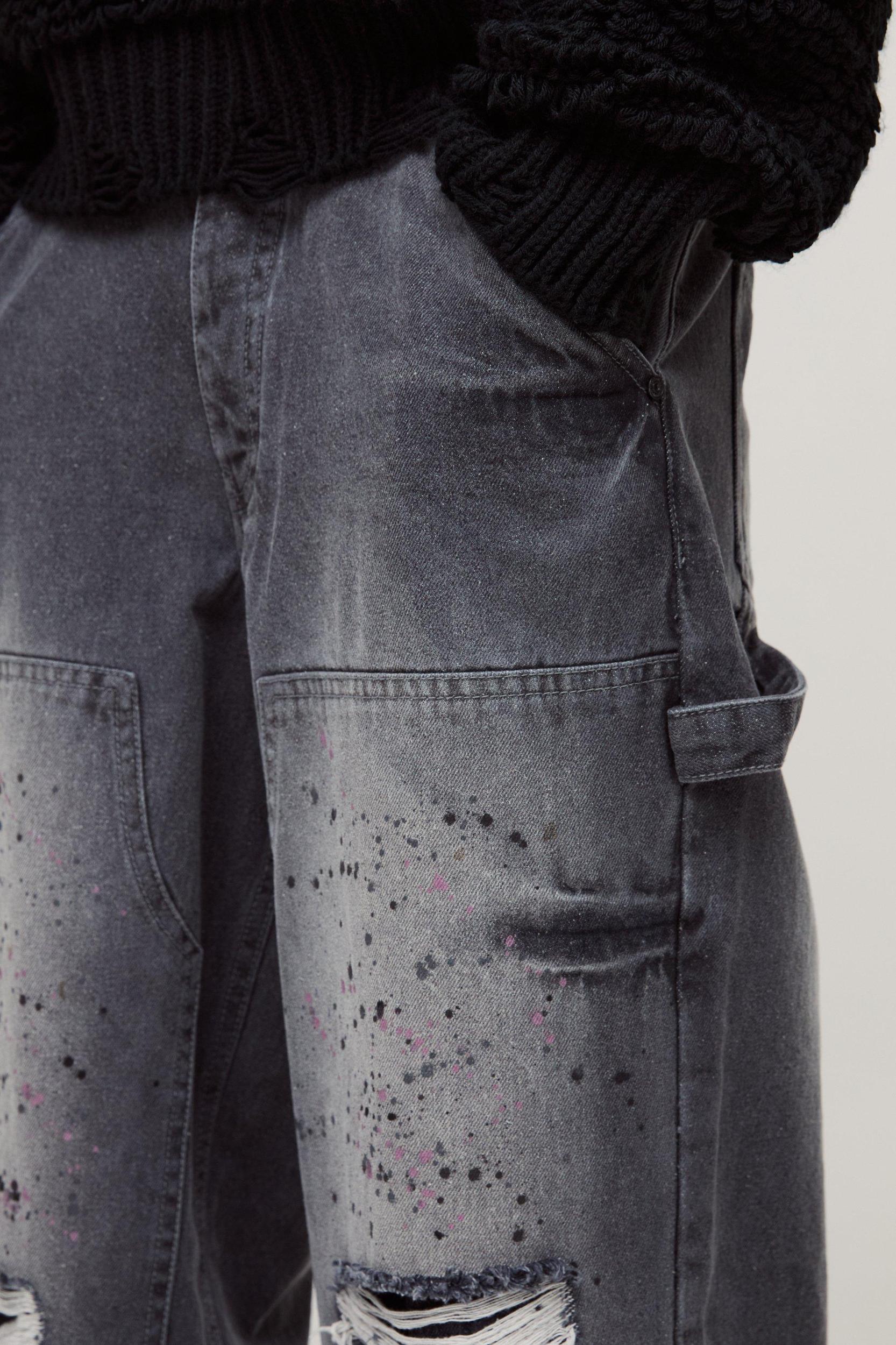 Baggy Rigid Paint Splatter Carpenter Denim Jeans | boohooMAN USA Product Image