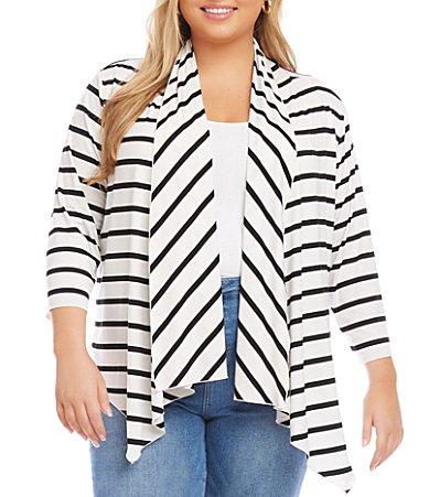 Karen Kane Plus Size Stripe Print Shawl Collar 34 Sleeve Asymmetrical Hem Open Product Image