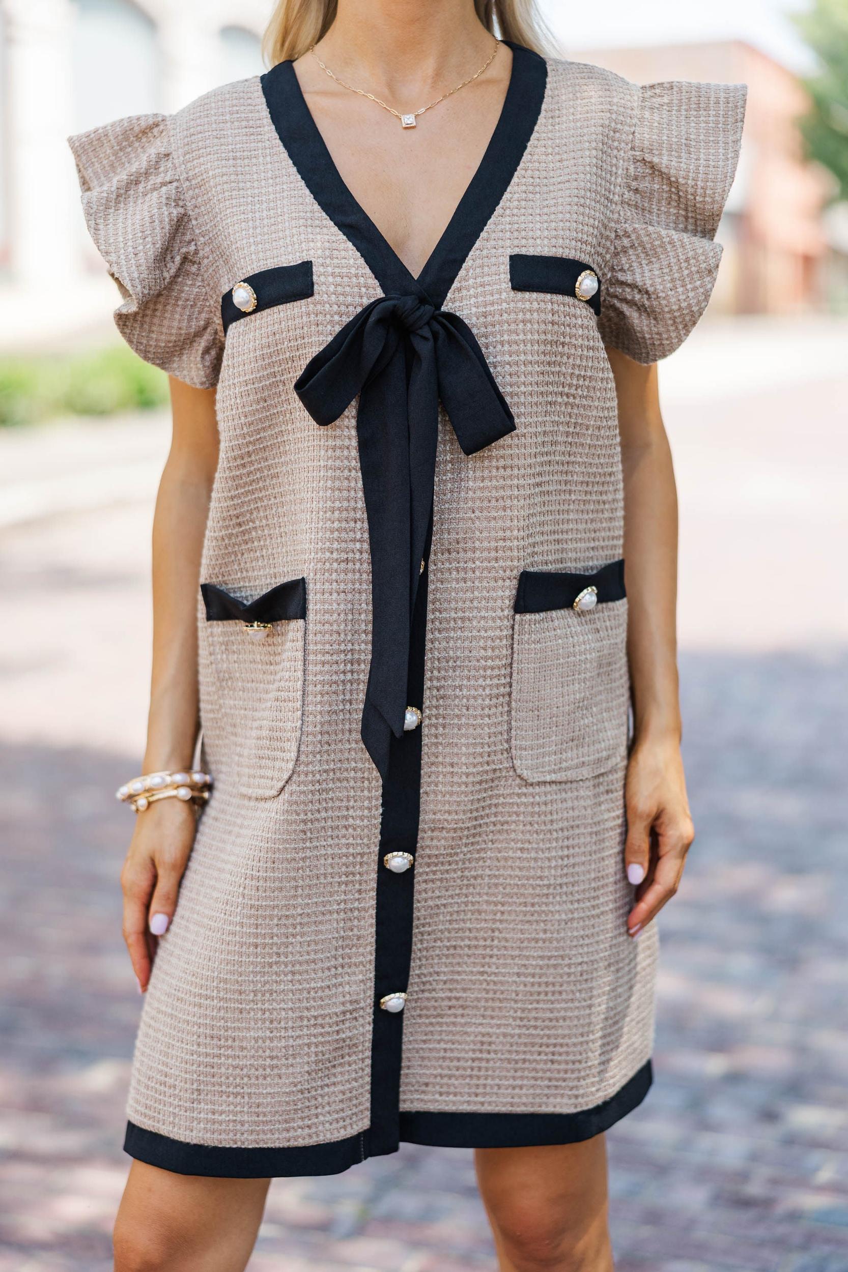 Queen's Calling Taupe Brown Tweed Shift Dress Female Product Image