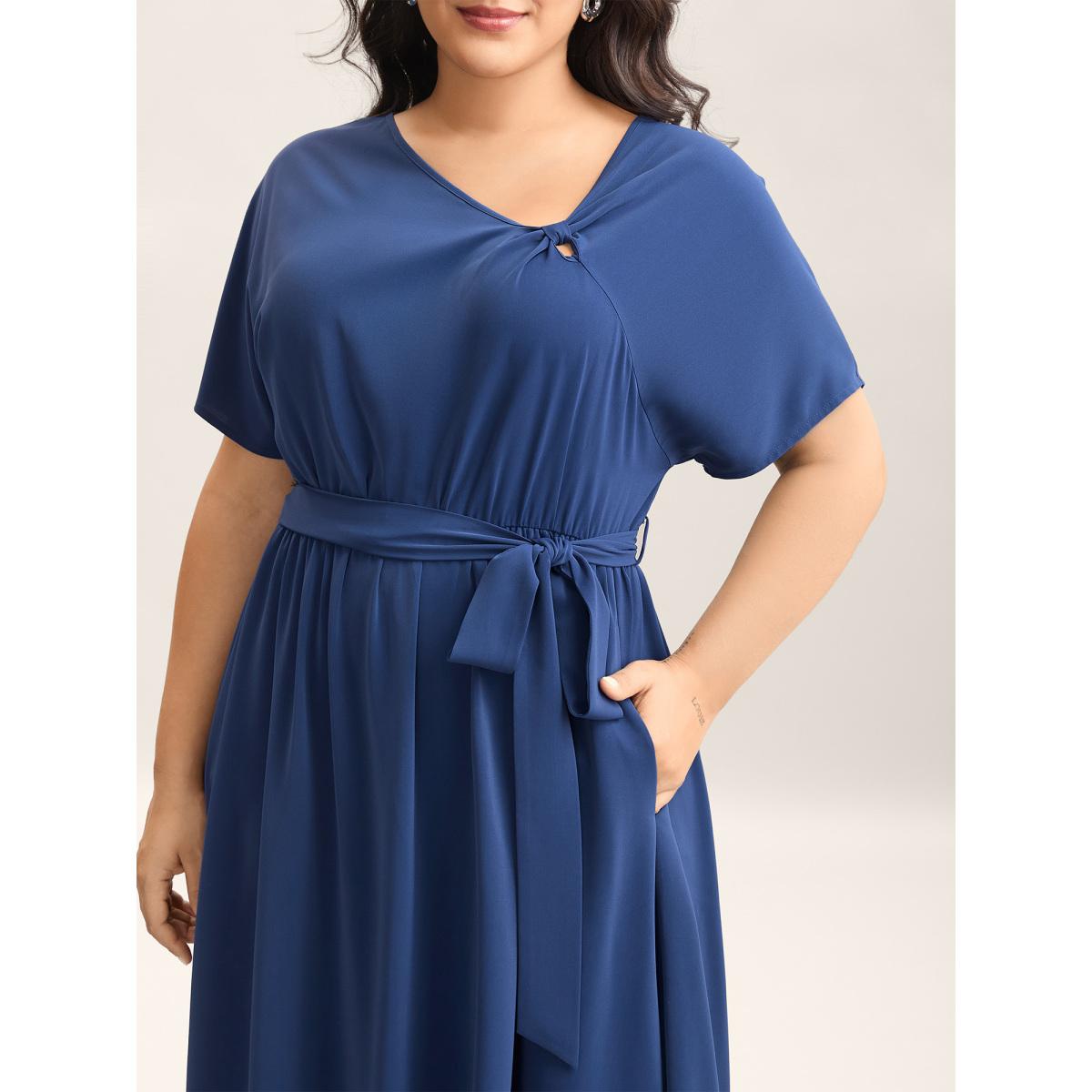 Plus Size Keyhole Belted Pockets Plain Midi Dress Mediumblue Women Asymmetrical Neck Short sleeve Curvy BloomChic 18-20/2X Product Image