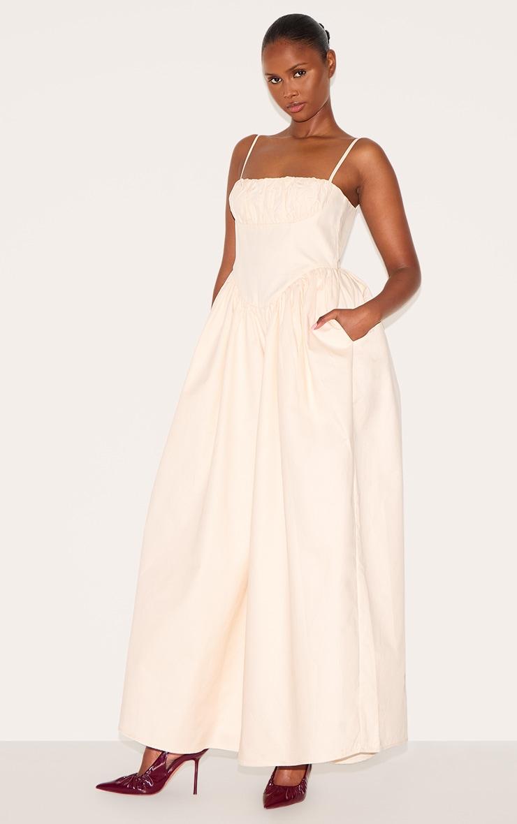 Cream Premium Ruched Corset Detail Wide Leg Jumpsuit Product Image