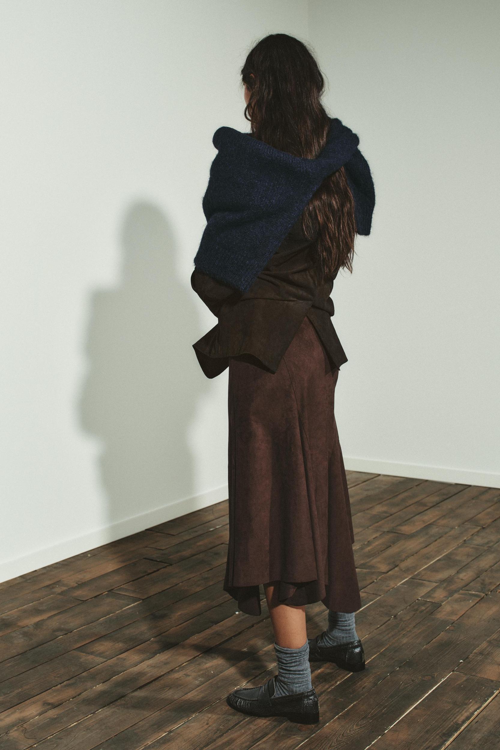 ASYMMETRIC FAUX SUEDE MIDI SKIRT Product Image