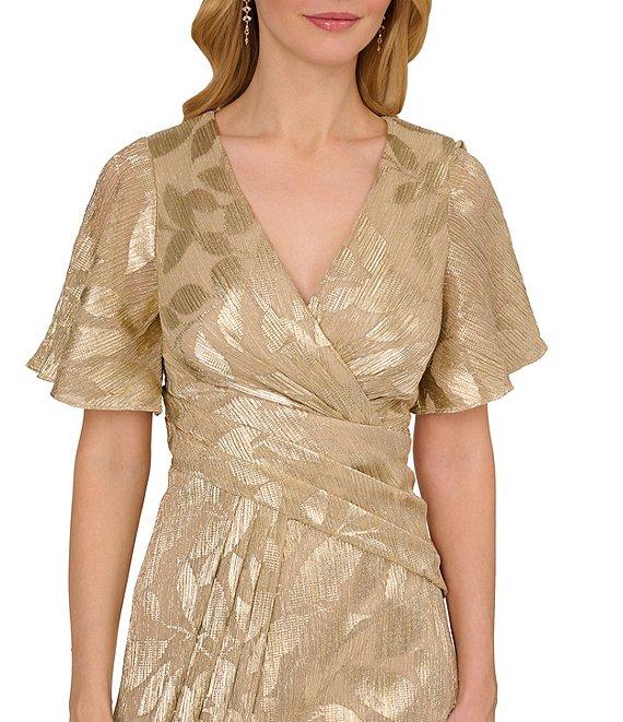 Adrianna Papell Foiled Leaf Print Surplice V-Neck Short Flutter Sleeve Gown Product Image