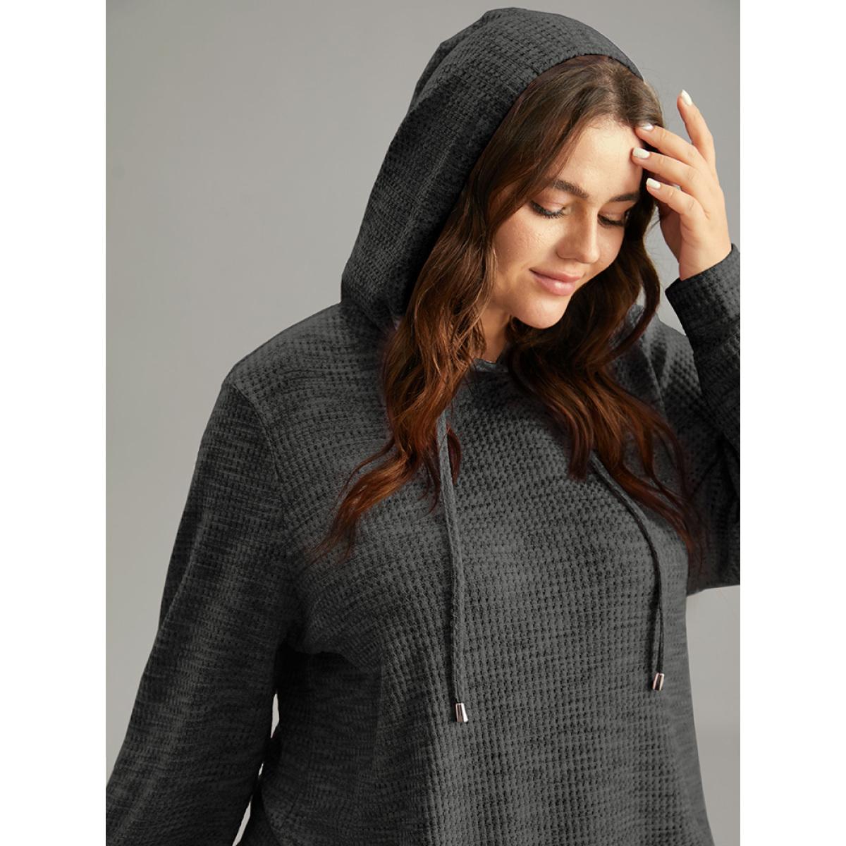 Plus Size Colour Waffle Knit Hooded Drawstring Sweatshirt Women DimGray Casual Waffle Knit Hooded Everyday Sweatshirts BloomChic 28/5X Product Image