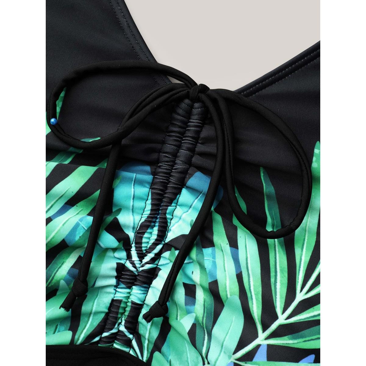 Plus Size Tropical Print Adjusable Drawstring One-Piece Swimsuit Women's Swimwear Black Beach Bodycon U-neck High stretch Curve Swim Dresses BloomChic 12/L Product Image