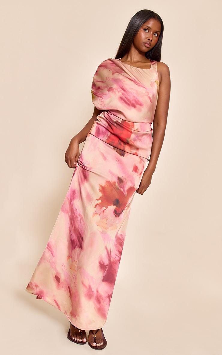 Pink Printed Asymmetric Ruched Detail Maxi Dress Product Image