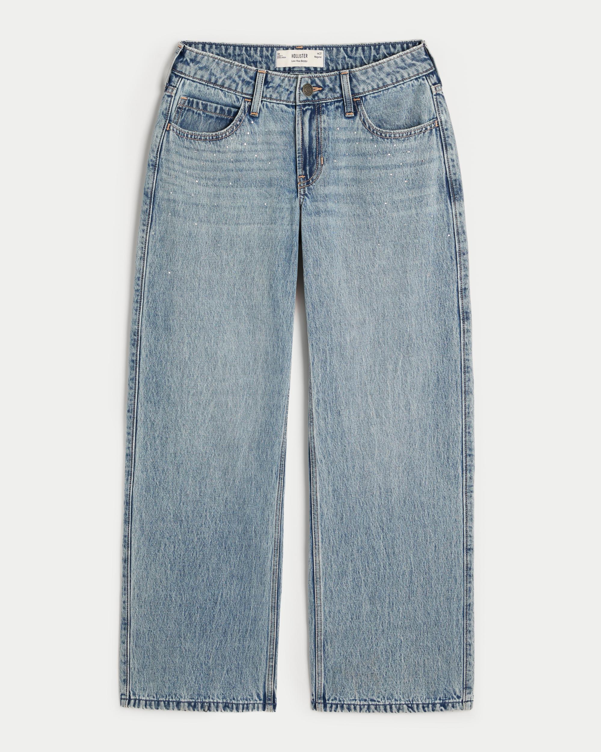 Low-Rise Medium Wash Rhinestone Baggy Jeans Product Image