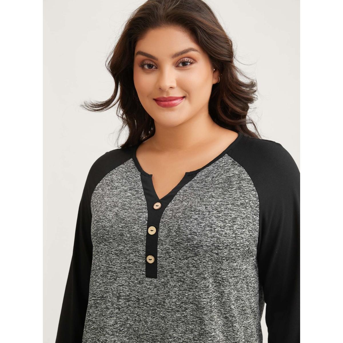 Plus Size Heather Patchwork Button Detail Stretchy T-Shirt DarkGray Women Casual Contrast Flat collar with V-notch Everyday T-shirts BloomChic 22-24/3X Product Image