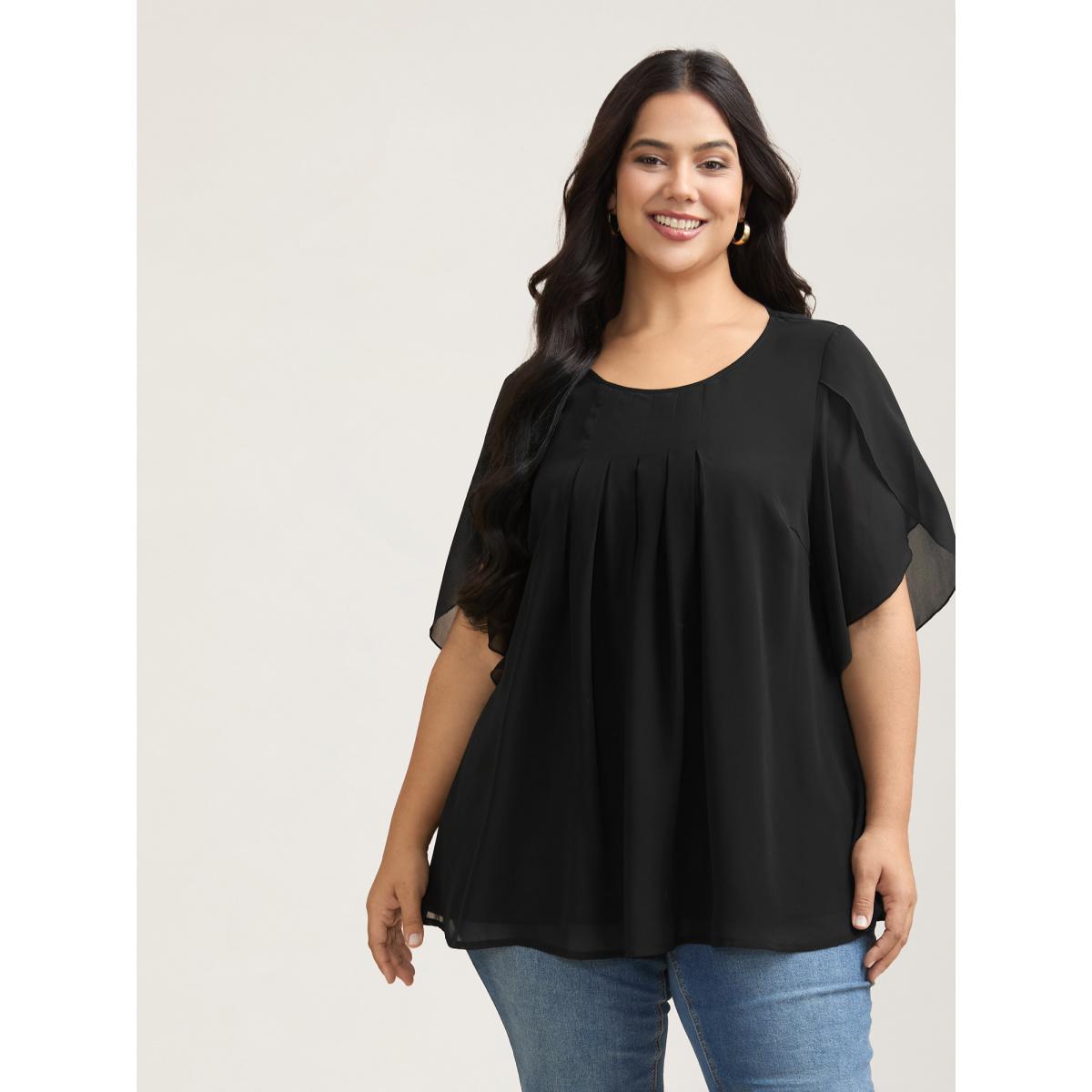 Plus Size Black Petal Sleeve Pleated Sheer Shirt Women Elegant Elbow-length sleeve Round Neck Everyday Blouses BloomChic 30/6X Product Image