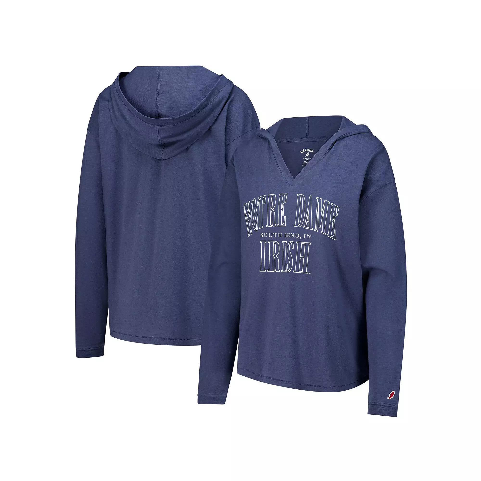 Women's League Collegiate Wear Navy Notre Dame Fighting Irish Slub Long Sleeve V-Neck Hoodie T-Shirt,  Product Image