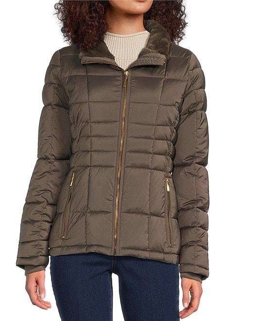 Donna Karan Faux Fur Trim Hooded Stand Collar Short Puffer Coat Product Image