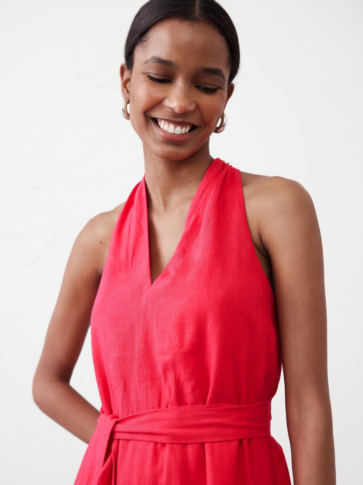 Linen-Blend Twist-Back Midi Dress Product Image