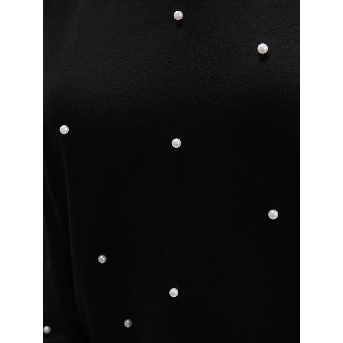 Plus Size Solid Pearl Beaded Drop Shoulder Sweatshirt Women Black Party Beaded Round Neck Going out Sweatshirts BloomChic 10/M Product Image