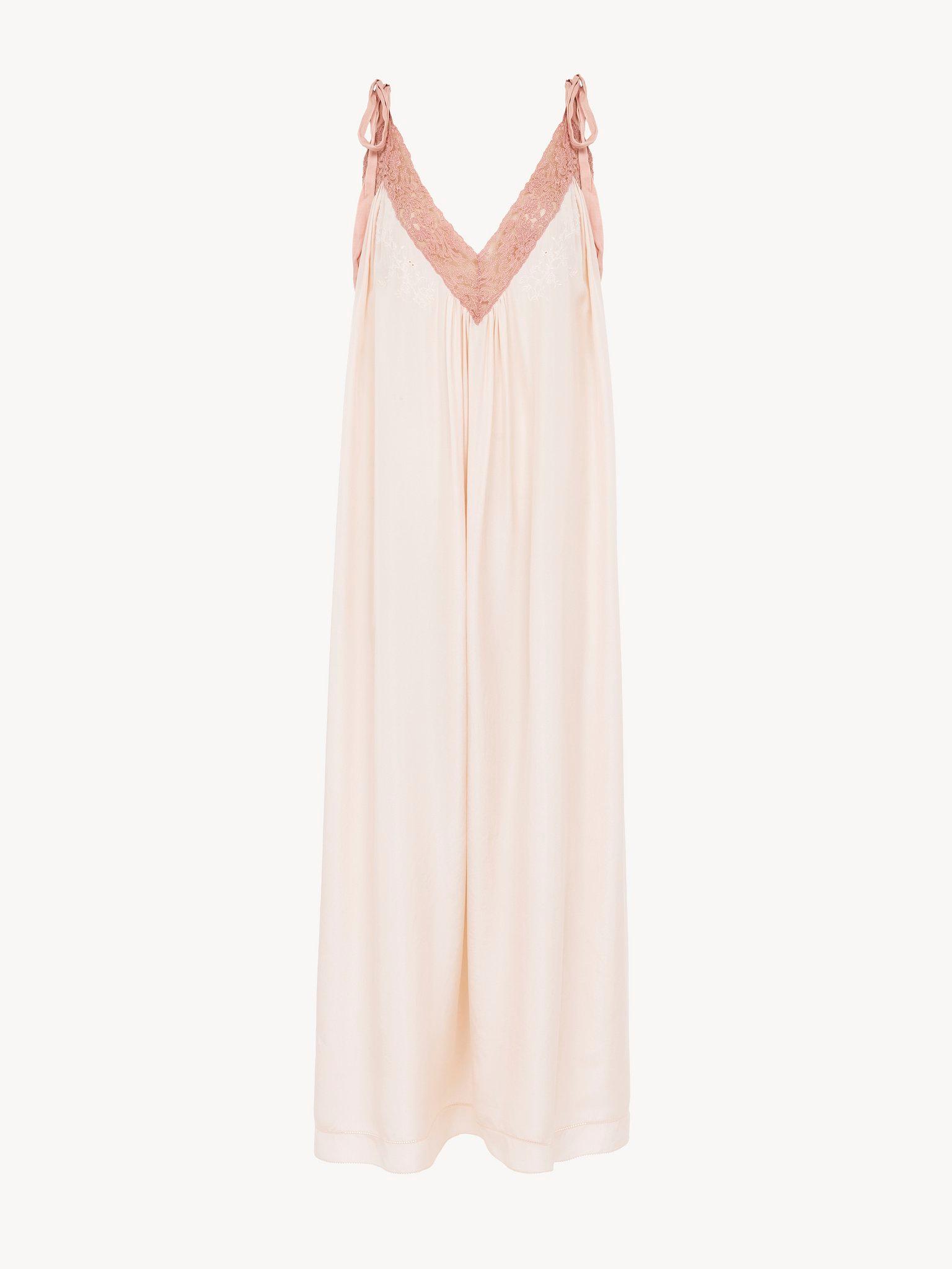 Long slip dress in silk habotai & lace Product Image