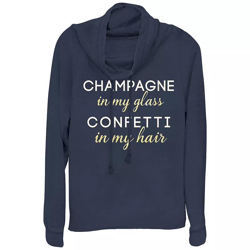 Women's Champagne In My Glass Confetti In My Hair Cowlneck Graphic Lightweight Long Sleeve, Size: XS, Blue Product Image