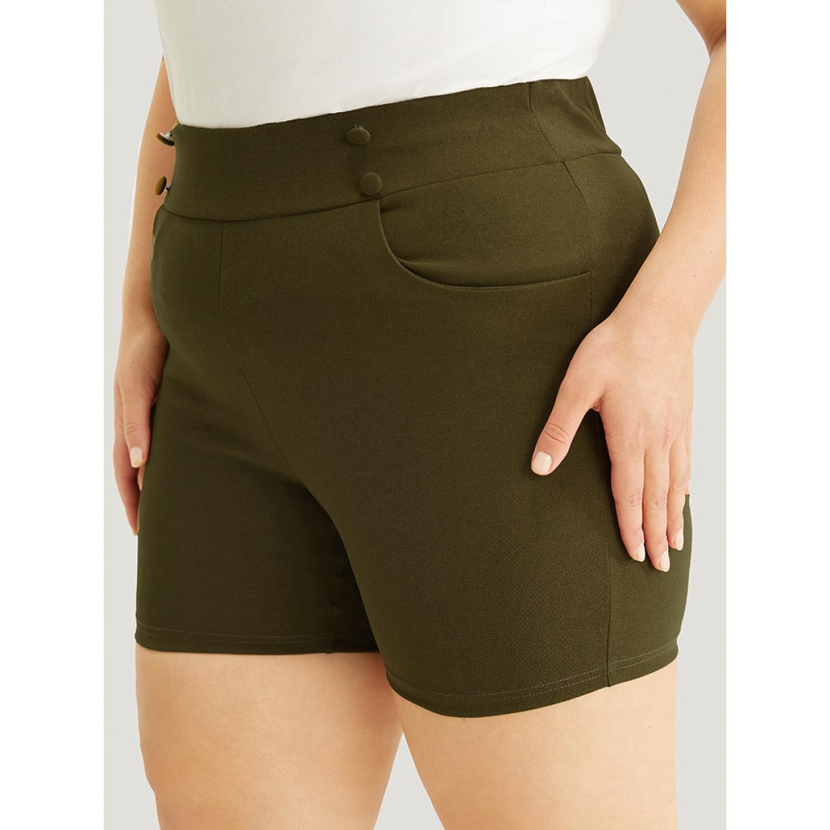 Plus Size Solid Elastic Waist Button Detail Pocket Shorts Women ArmyGreen Elegant High stretch Bodycon Mid Rise Dailywear Leggings BloomChic 22-24/3X Product Image
