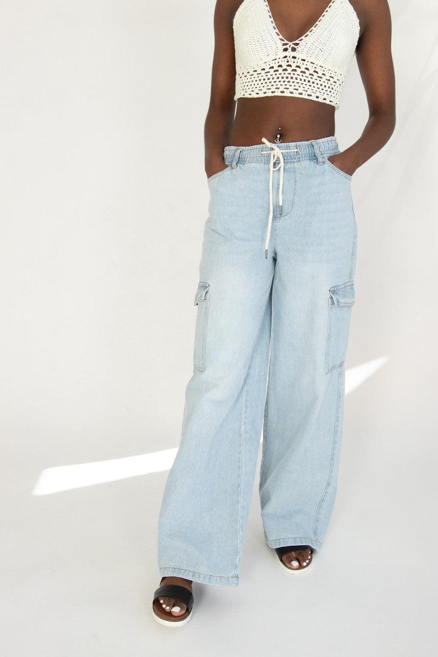Wide Leg Pull On Cargo Jeans Product Image