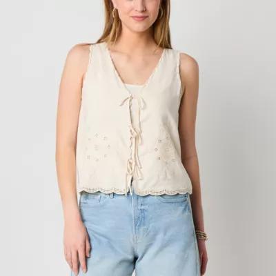 a.n.a Tie Front Womens V Neck Sleeveless Embroidered Blouse Product Image