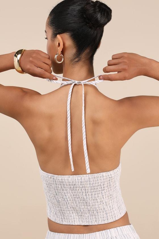 Anahita Cream and Blue Striped Halter Top Product Image