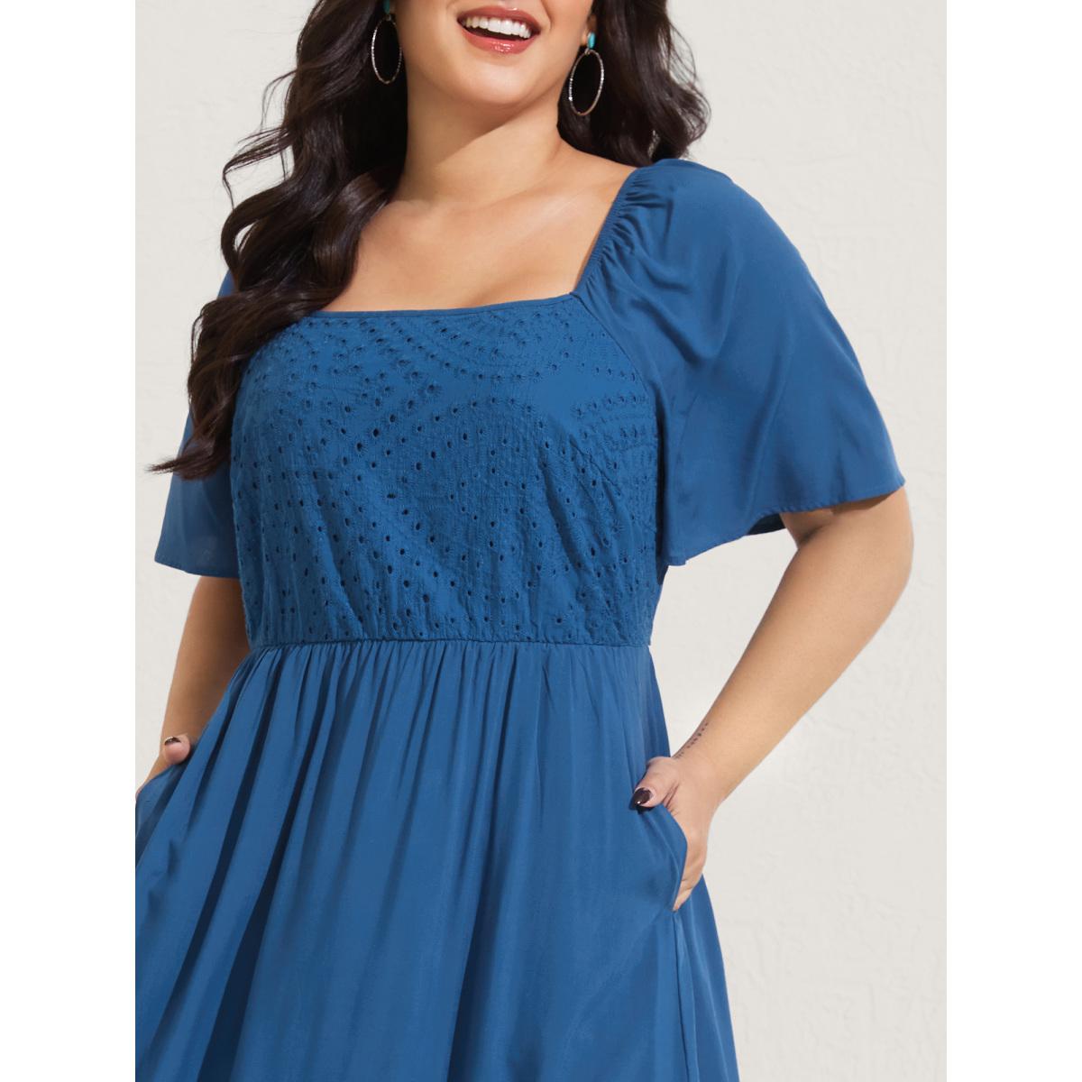 Plus Size Rayon Lace Pleated Tiered Midi Dress Mediumblue Women Boho Square Neck Short sleeve Curvy BloomChic 18-20/2X Product Image
