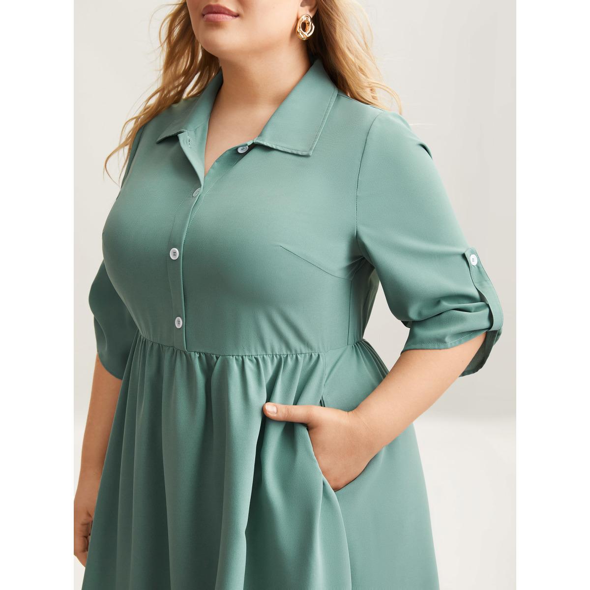 Plus Size Shirt Collar Front Button Placket Midi Dress Greenbean Women At the Office Button Shirt collar Elbow-length sleeve Curvy BloomChic 22-24/3X Product Image