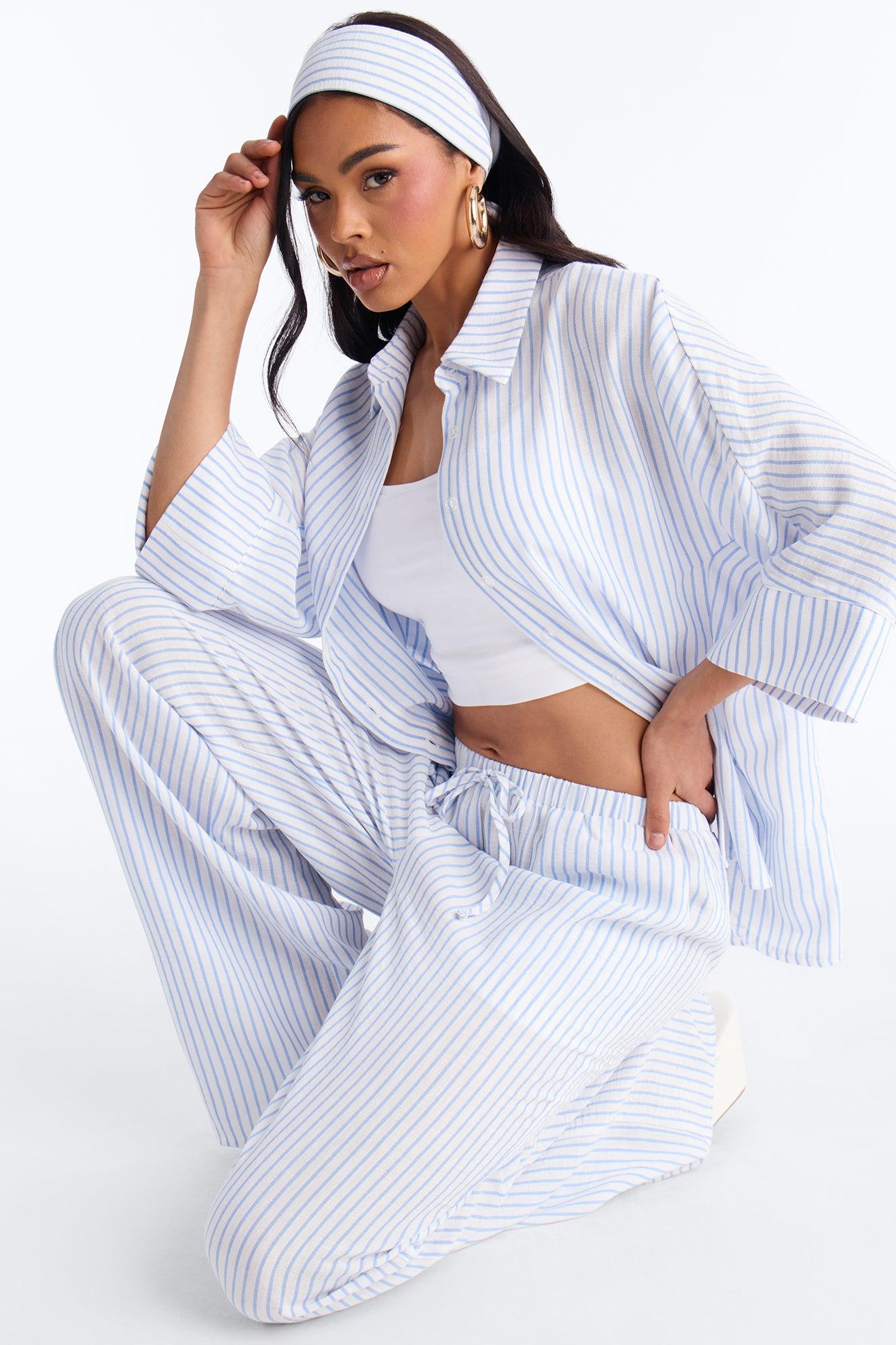Mara Linen 3 Piece Pinstripe Pant Set - Blue/combo Female Product Image