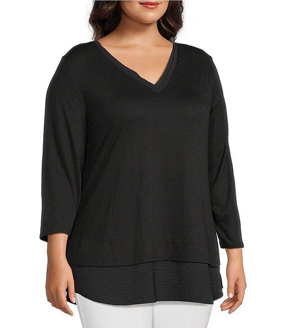 Slim Factor by Investments Plus Size Chloe V-Neck 3/4 Sleeve Mixed Media Top Product Image