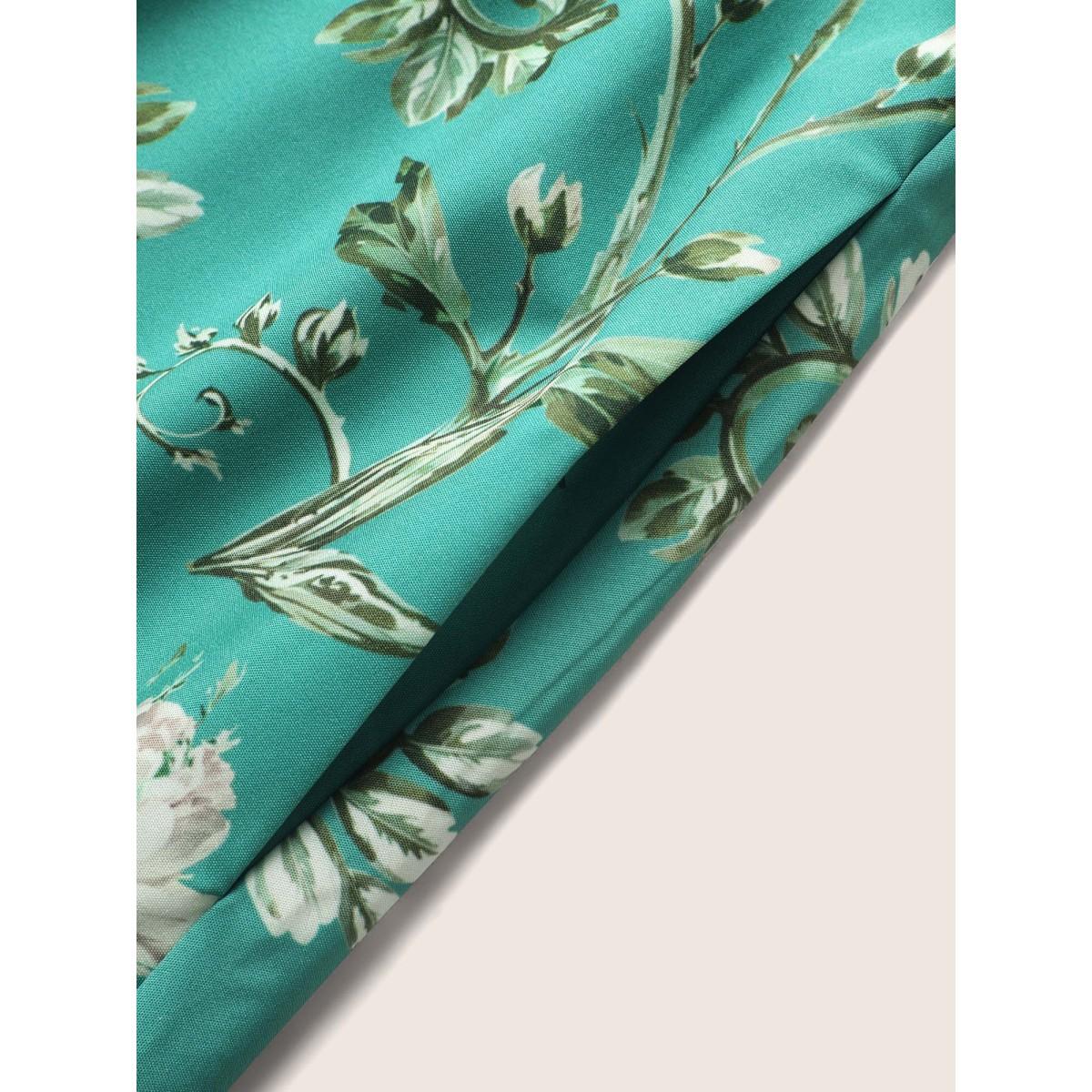 Plus Size Heart Neckline Boho Print Raglan Sleeve Dress Emerald Women Elegant Gathered Heart neckline Short sleeve Curvy BloomChic 12/L Product Image