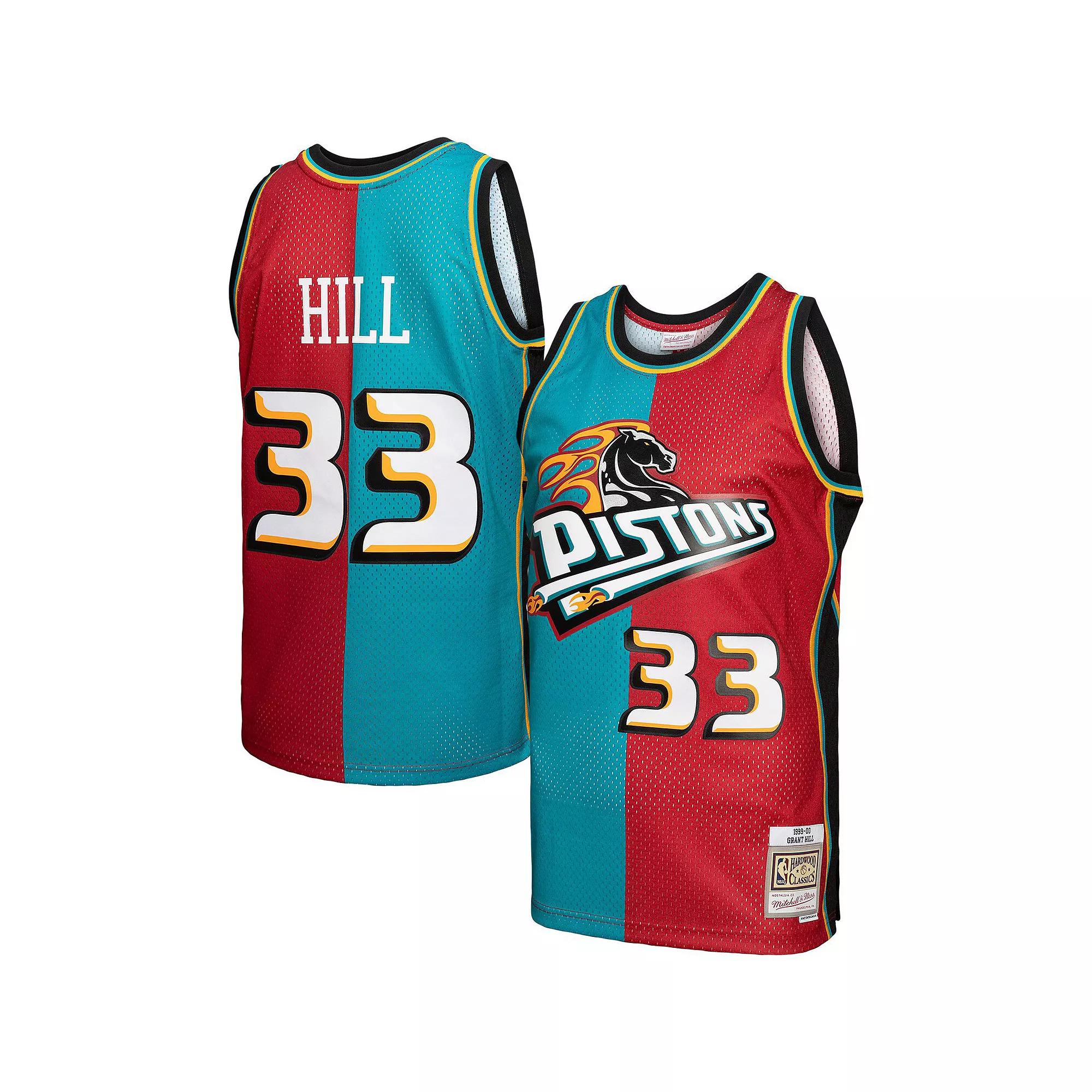 Men's Mitchell & Ness Grant Hill Teal/Red Detroit Pistons Hardwood Classics 1999-00 Split Swingman Jersey, Size: Large, Pis Blue Product Image