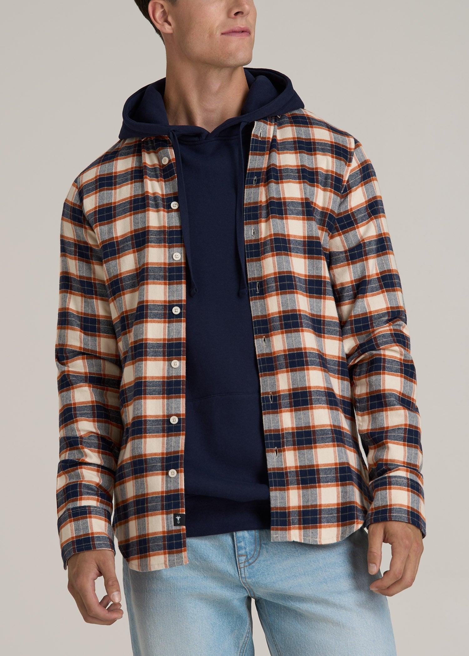 Midweight Brushed Flannel Button Shirt for Tall Men in Blue and Orange Plaid Male Product Image
