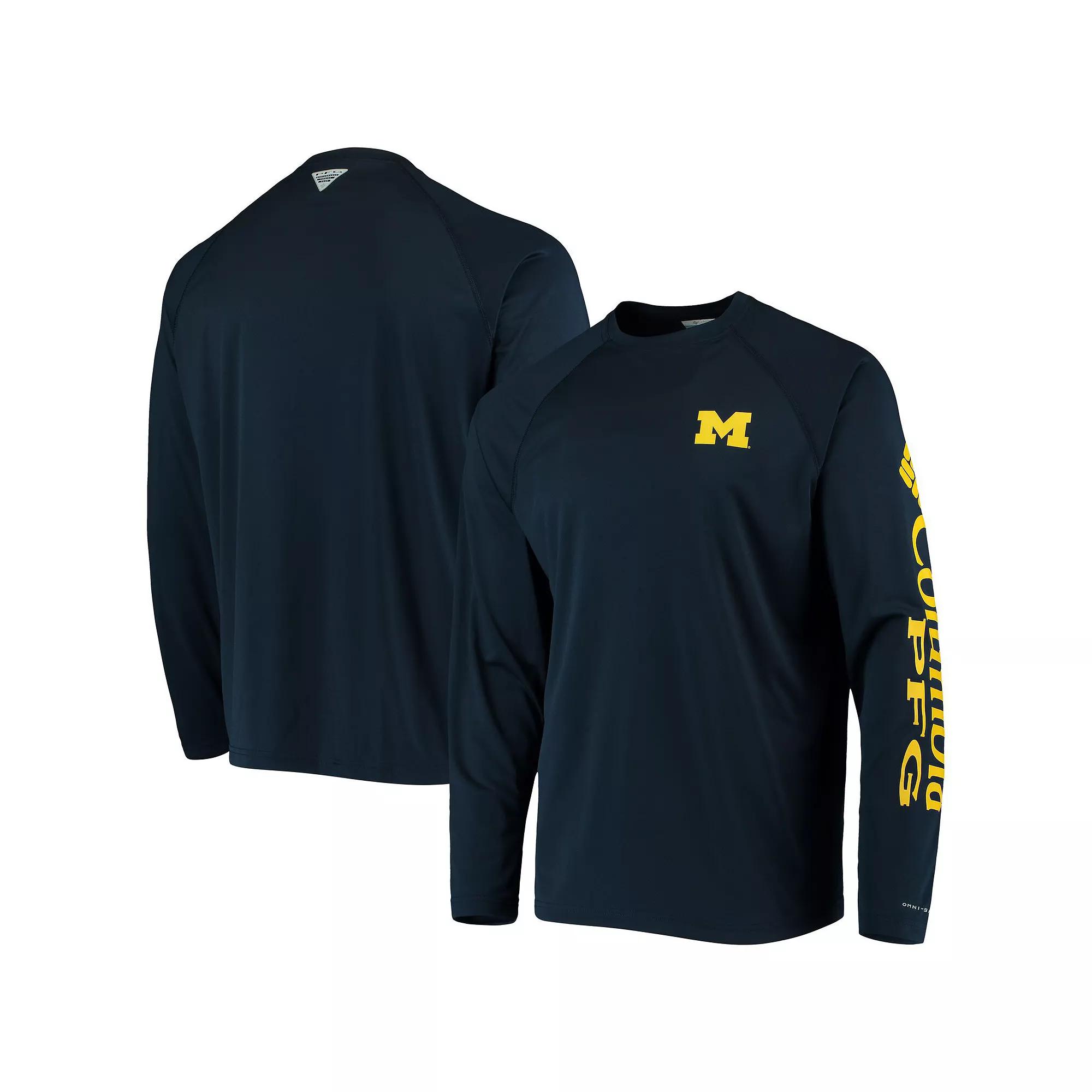 Men's Columbia Navy Michigan Wolverines Terminal Tackle Omni-Shade Raglan Long Sleeve T-Shirt,  Product Image