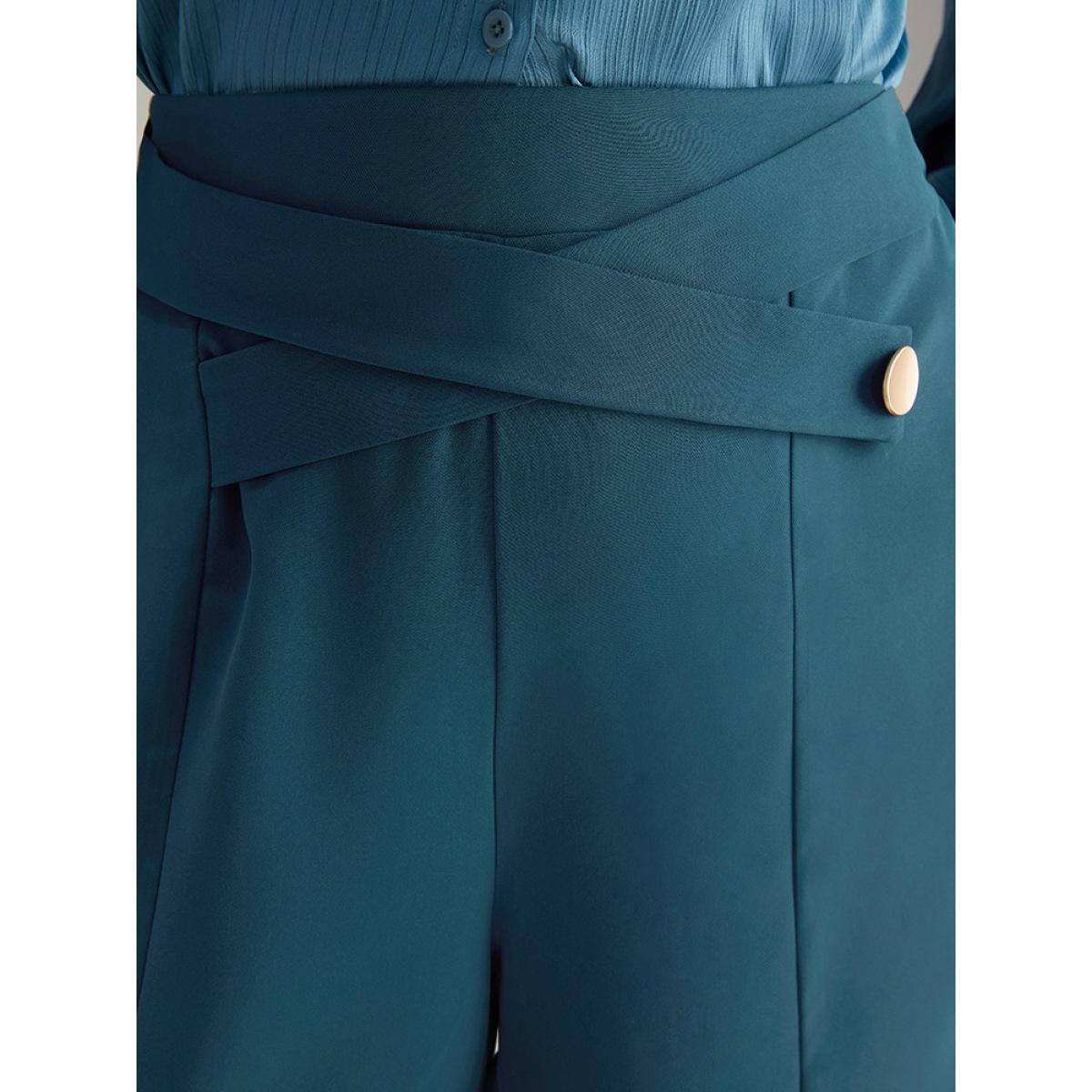 Plus Size Anti-Wrinkle Solid Metal Detail Drape Pants Women Aegean Office Straight Leg Mid Rise Office Pants BloomChic 26/4X Product Image