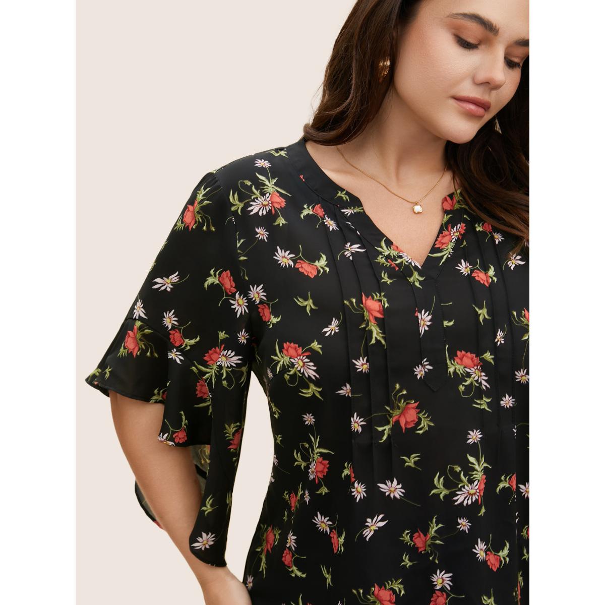 Plus Size Black Notched Floral Pleated Ruffle Sleeve Blouse Women Elegant Half Sleeve Flat collar with V-notch Everyday Blouses BloomChic 14-16/1X Product Image