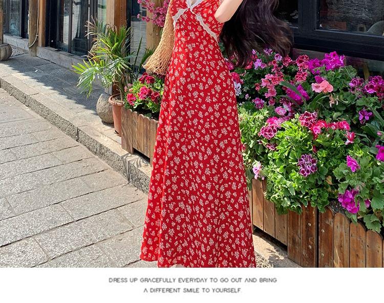 Spaghetti Strap Floral Lace Trim Midi A-Line Sundress Product Image