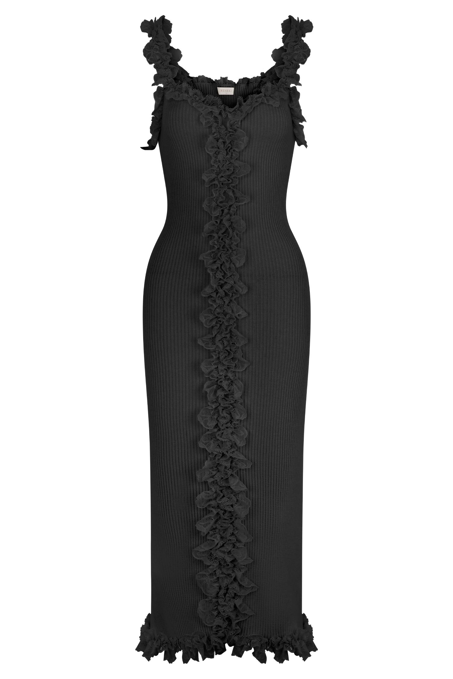 Shay Lace Ruffle Knit Midi Dress - Black Product Image