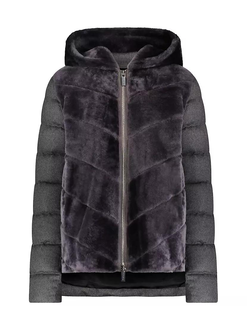 Womens Shearling Lamb Chevron Parka With Cashmere and Wool Sleeves and Back Product Image