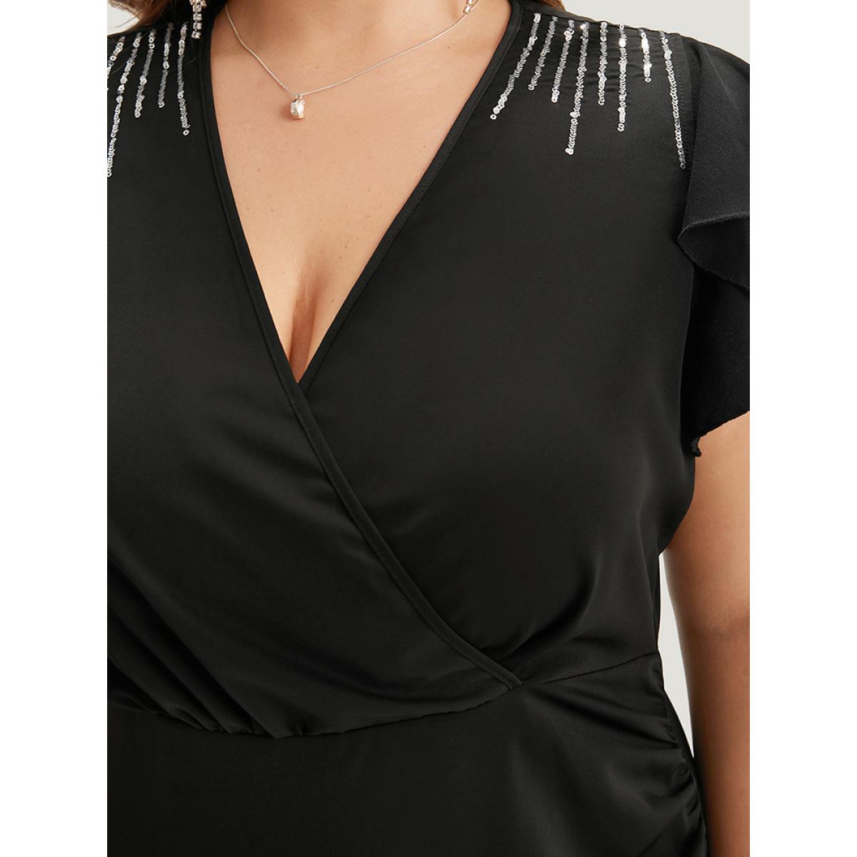 Plus Size Sequin Surplice Neck Ruffle Trim Zipper Dress Black Women Party Rhinestone detailing V-neck Sleeveless Curvy Midi Dress BloomChic 30/6X Product Image
