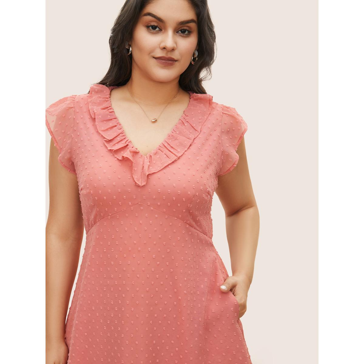 Plus Size Chiffon Plisse Ruffle Cap Sleeve Dress Watermelon Women Elegant Texture V-neck Cap Sleeve Curvy Midi Dress BloomChic 28/5X Product Image