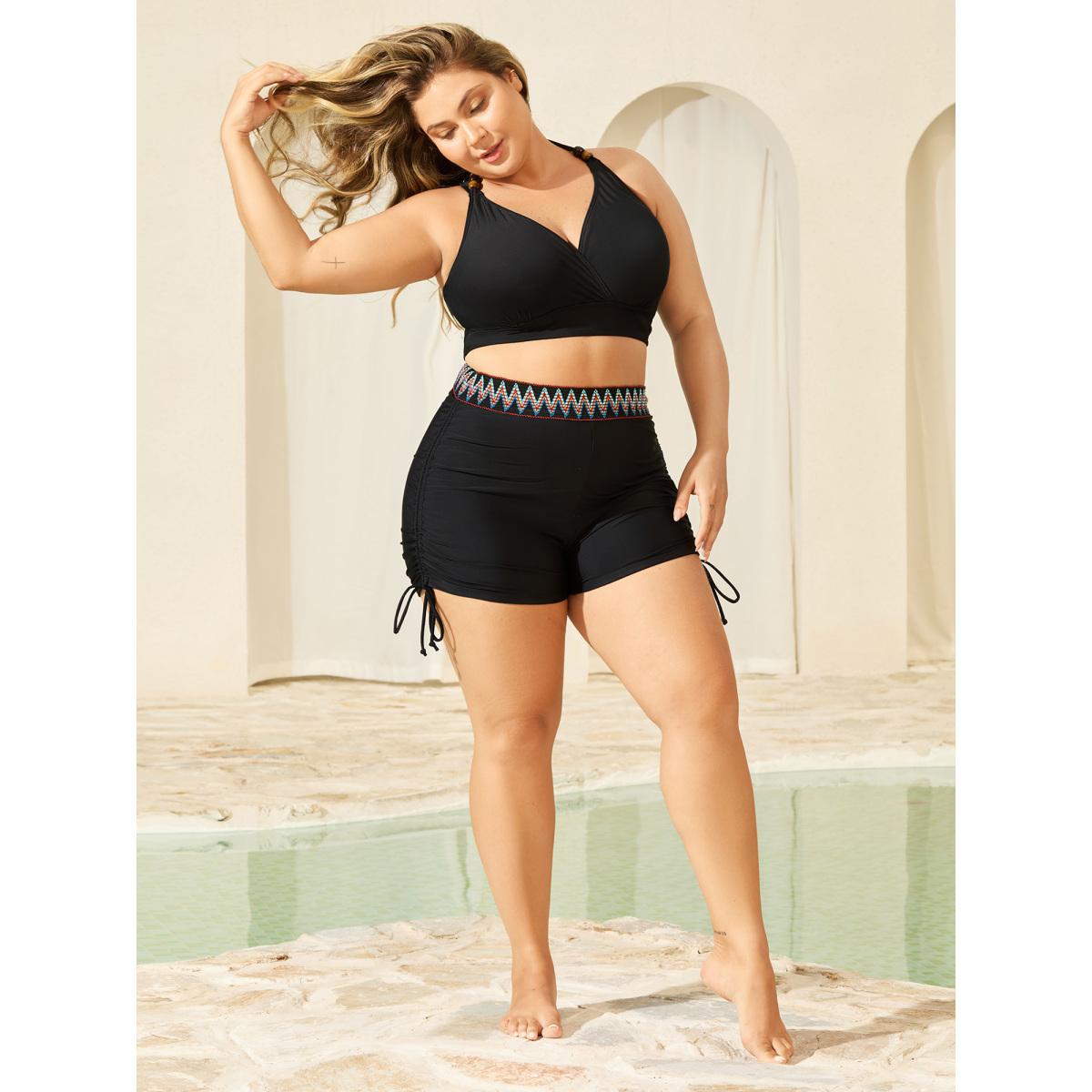 Plus Size Multi-Color Webbing Side Drawstring Swim Bottoms Women's Swimwear Black Beach Woven ribbon&lace trim High stretch Skinny High Rise Curve Swim Bottoms BloomChic 18-20/2X Product Image