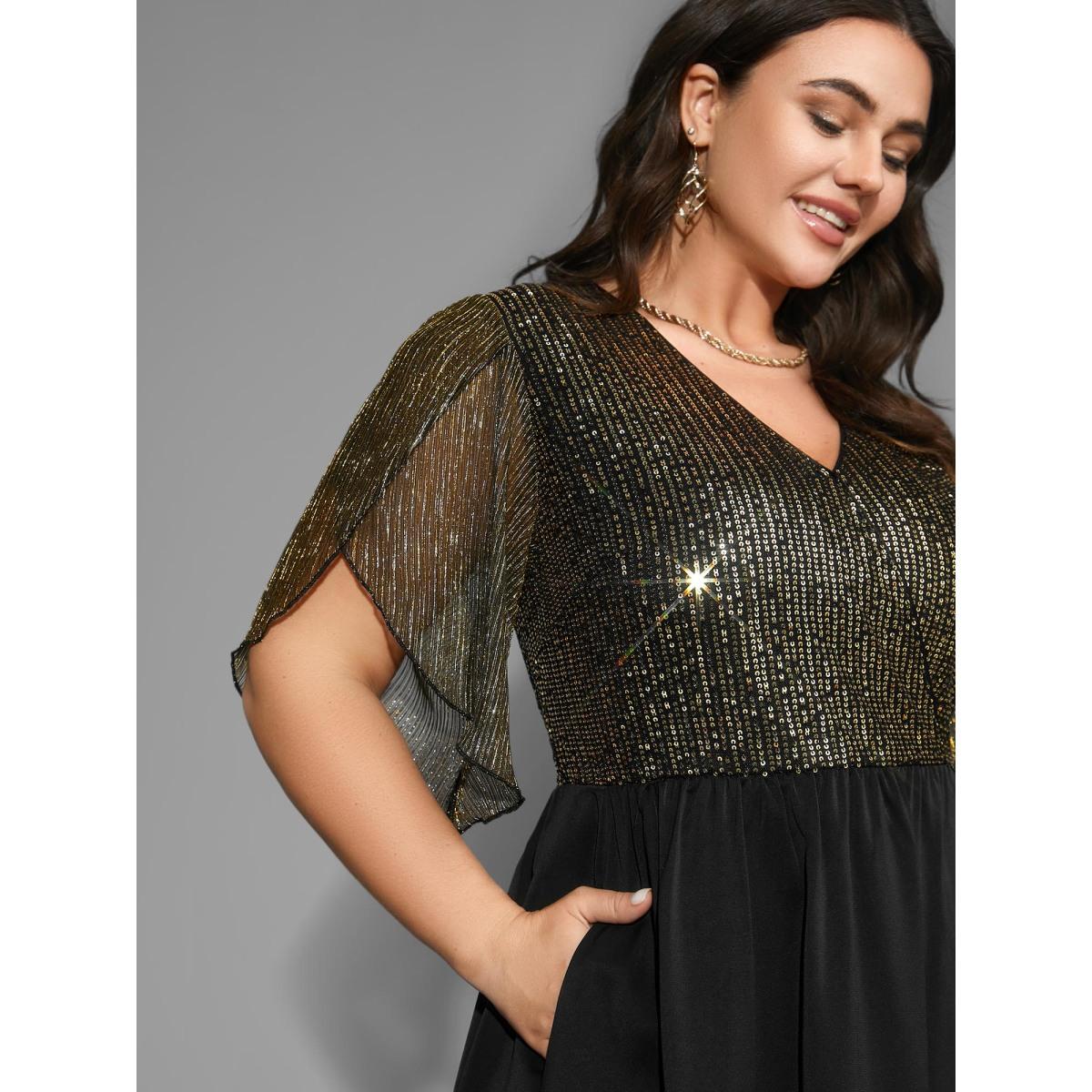 Plus Size Sequin Mesh Petal Sleeve Midi Dress Black Women Cocktail Overlapping Party Curvy Bloomchic 18-20/2X Product Image